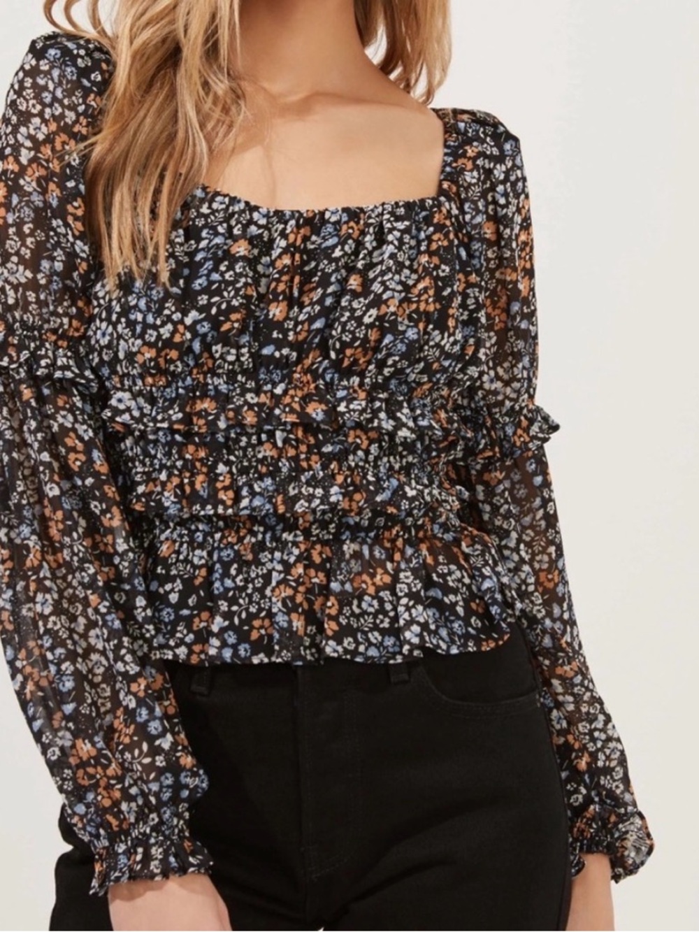 ASTR The Labe Floral Smocked Square-Neck Blouse - Black Blue Brown
